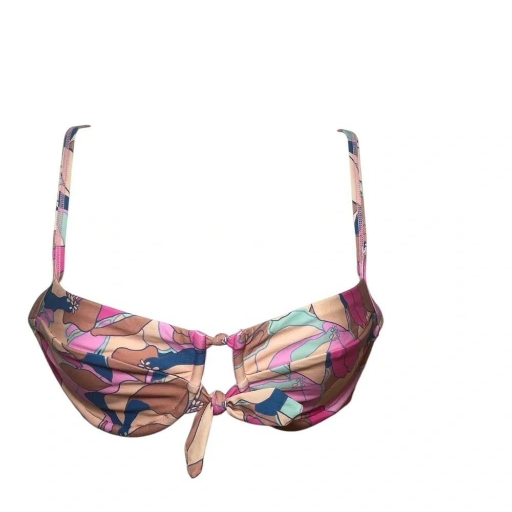 L*Space Floral Rose Bikini Top M NWT Tie Front Pink Blue Swimwear